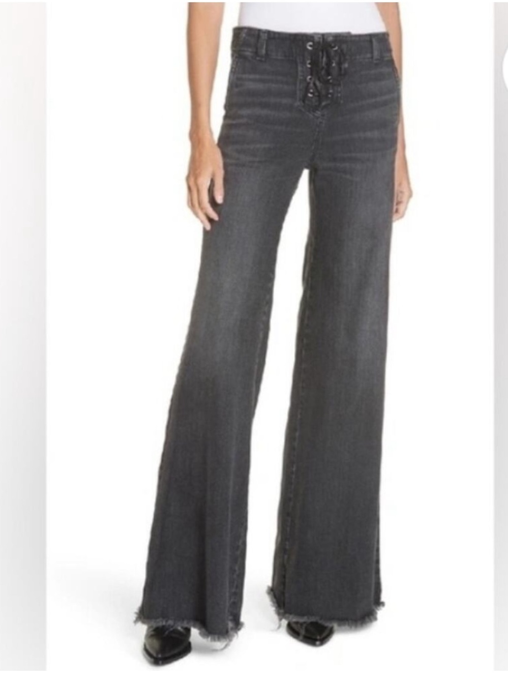 Nili Lotan Black Wide-Leg Lace-Up Waist Jeans